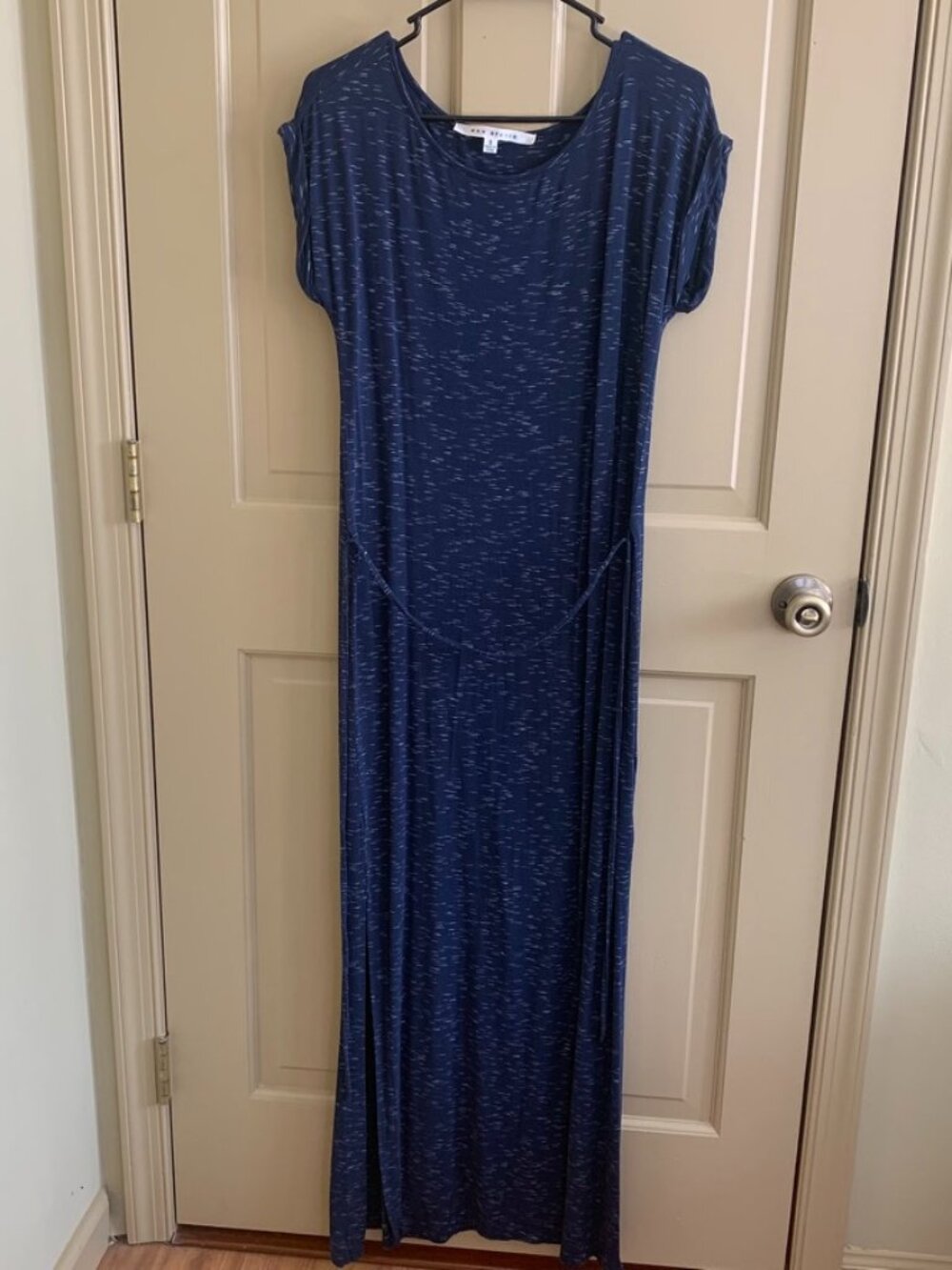 Max Studio Womens Navy and White Cotton Knit Maxi Short Sleeve Dress Size Small